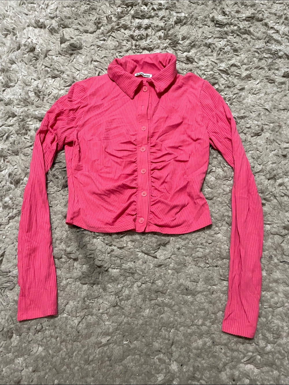 Reformation Pink Ribbed Button-Up Long Sleeve Top